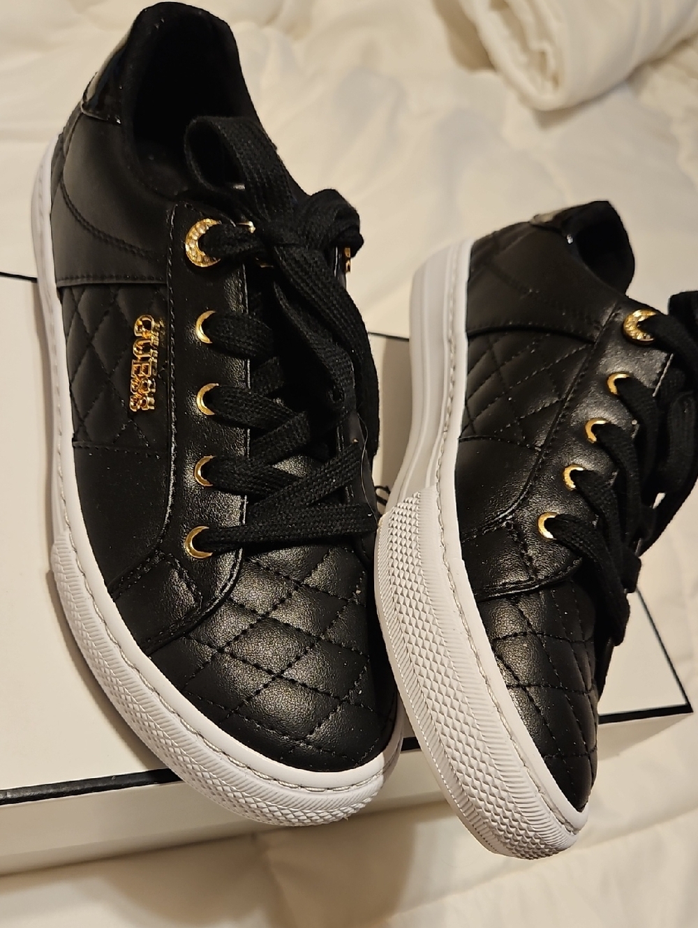 Guess Black Quilted Low-Top Sneakers with Gold Accents